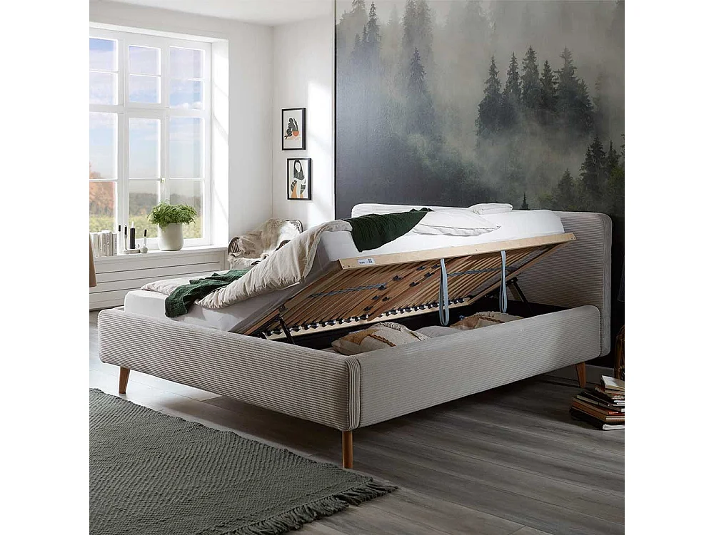Polsterbett in Beige mit Cordbezug Vierfußgestell aus Holz