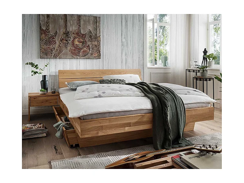 Bett aus Wildeiche Massivholz geölt Schubkasten und Nachtkommoden (dreiteilig)