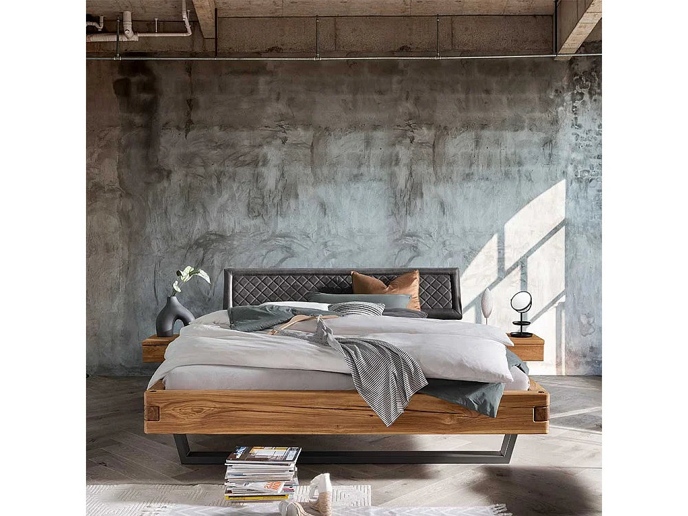 Holzbettgestell Polsterkopfteil Bett in Wildeichefarben und Anthrazit