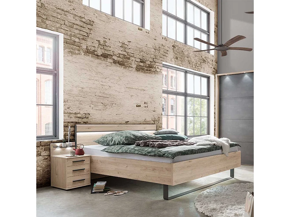 Ehebett in Eichefarben und Dunkelgrau LED Beleuchtung (dreiteilig)