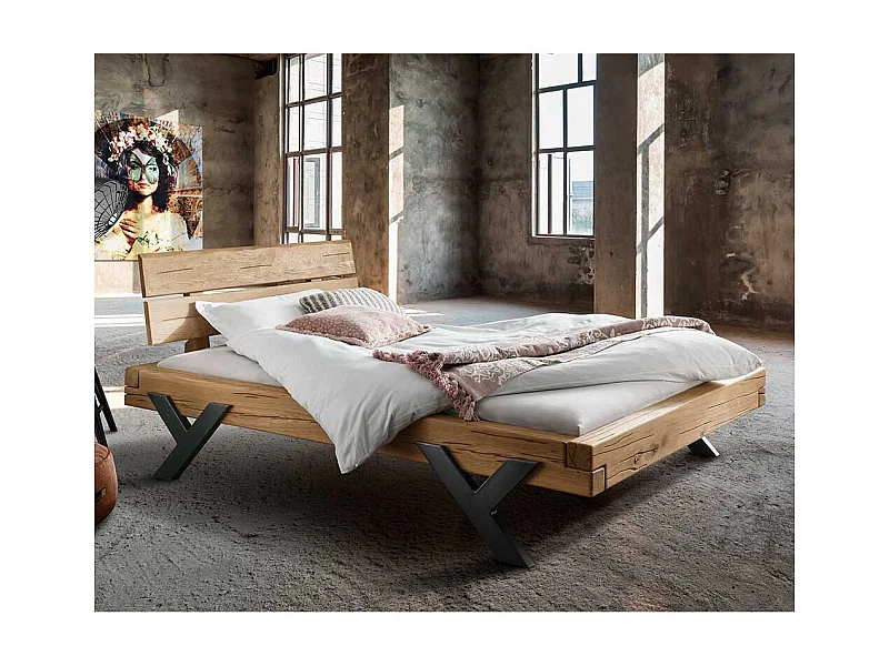 Balkenbett aus Wildeiche Massivholz 42 cm Einstiegshöhe