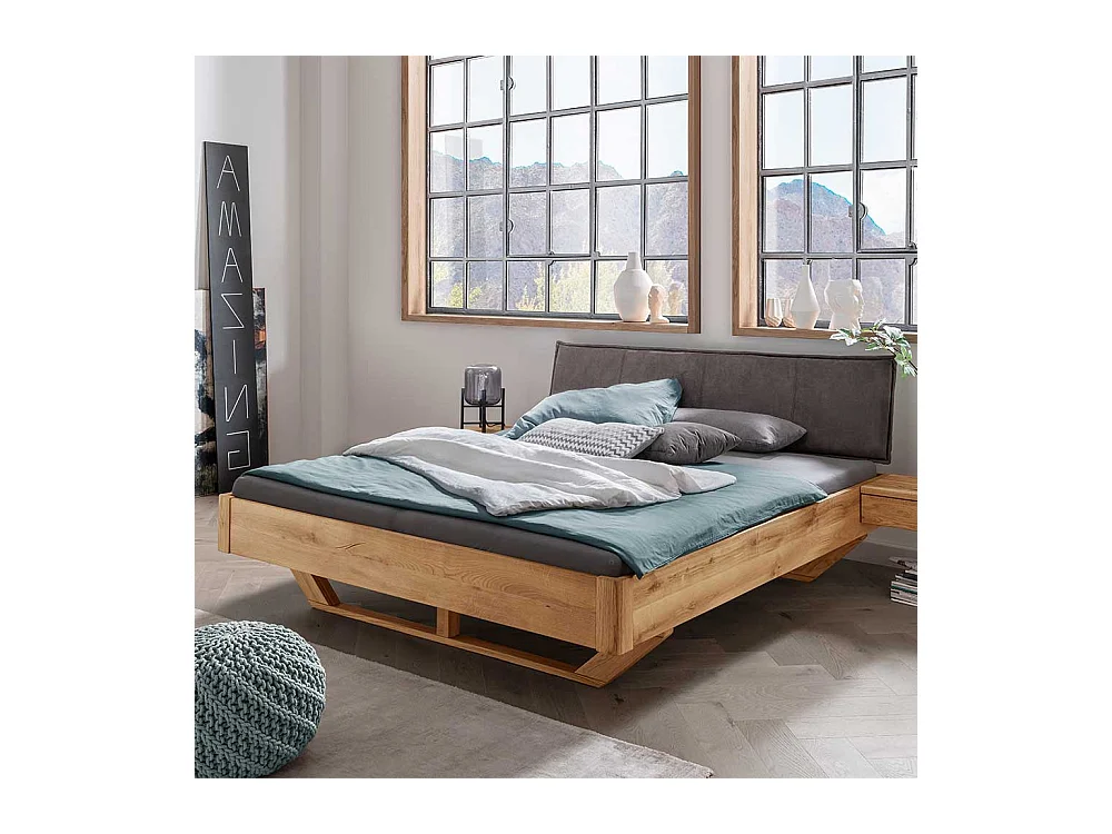 Wildeiche Bett mit Polsterkopfteil in Anthrazit 43 cm Einstiegshöhe