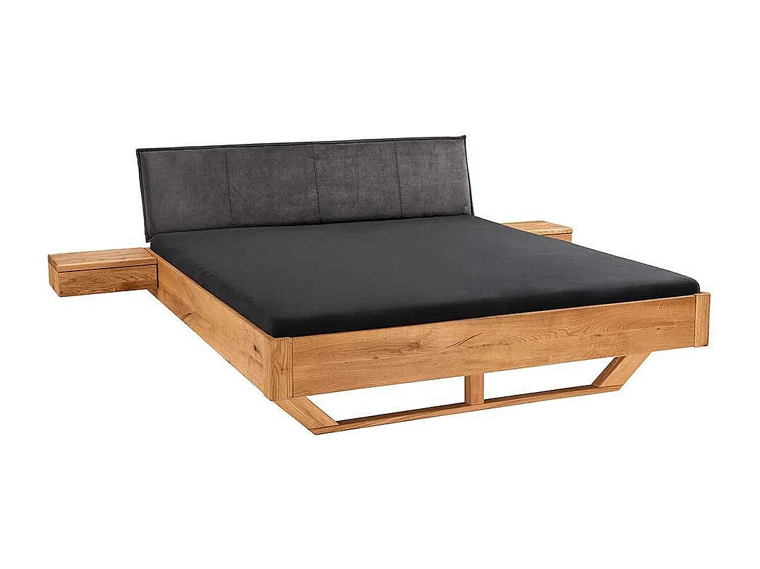 Wildeiche Bett mit Polsterkopfteil in Anthrazit 43 cm Einstiegshöhe