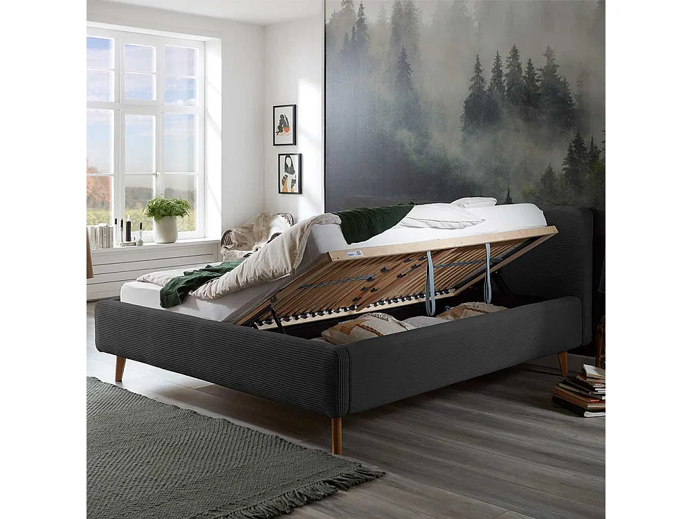 Cord Polsterbett in Anthrazit Eichefarben
