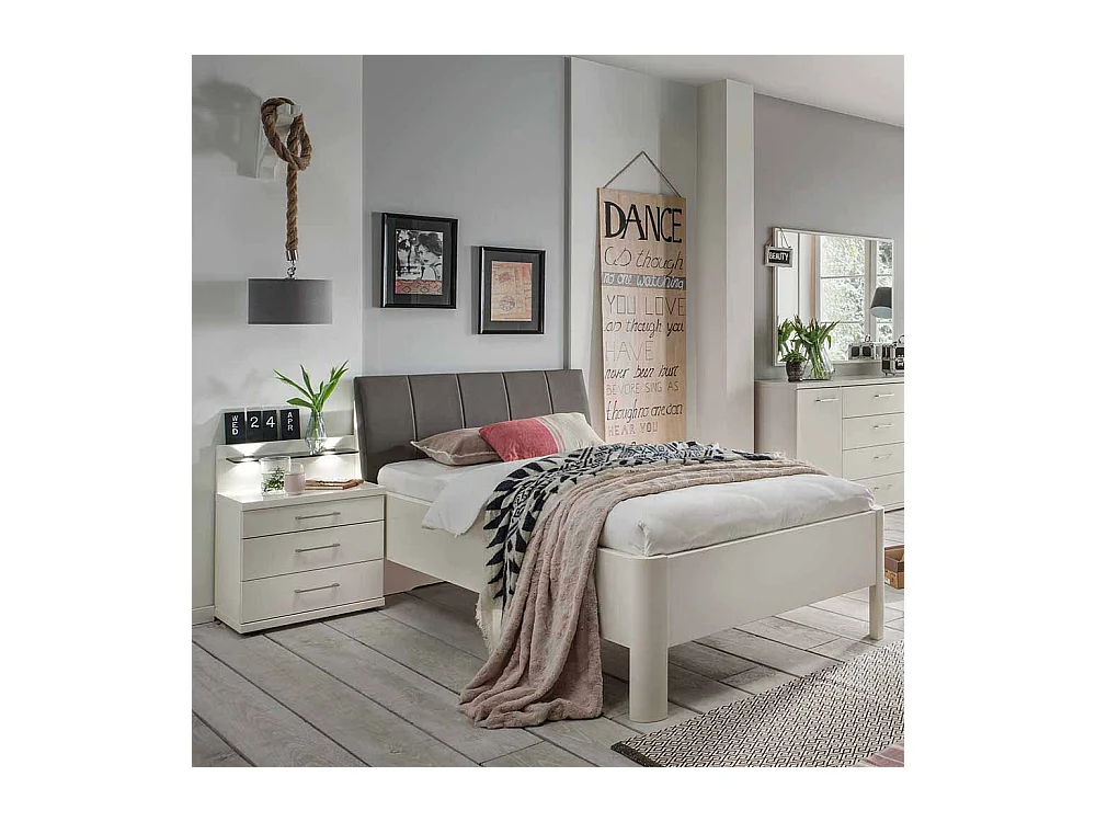 Bett mit Nachtkommode in Weiß Polsterkopfteil in Braun (zweiteilig)