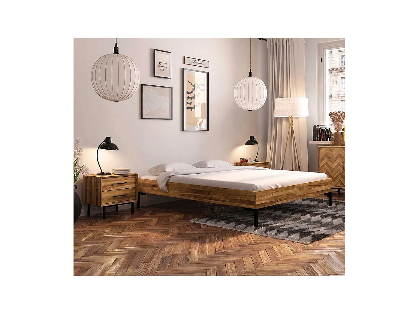 Bett ohne Kopfteil aus Wildeiche Massivholz Vierfußgestell aus Metall