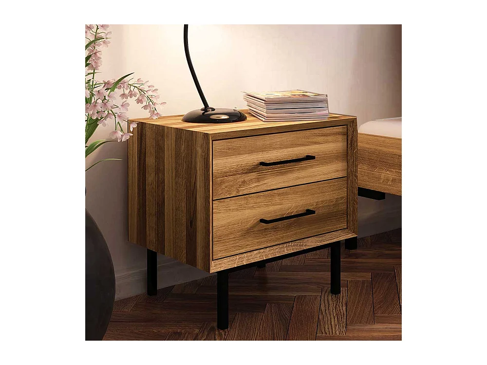 Bett ohne Kopfteil aus Wildeiche Massivholz Vierfußgestell aus Metall