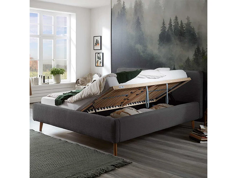 Graues Polsterbett mit Cord Bezug Vierfußgestell aus Holz