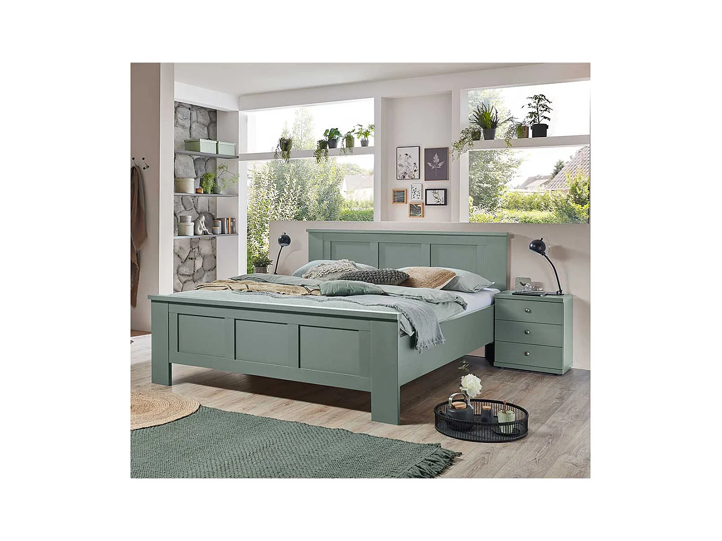 Doppelbett Überlänge in Graugrün modernen Landhausstil