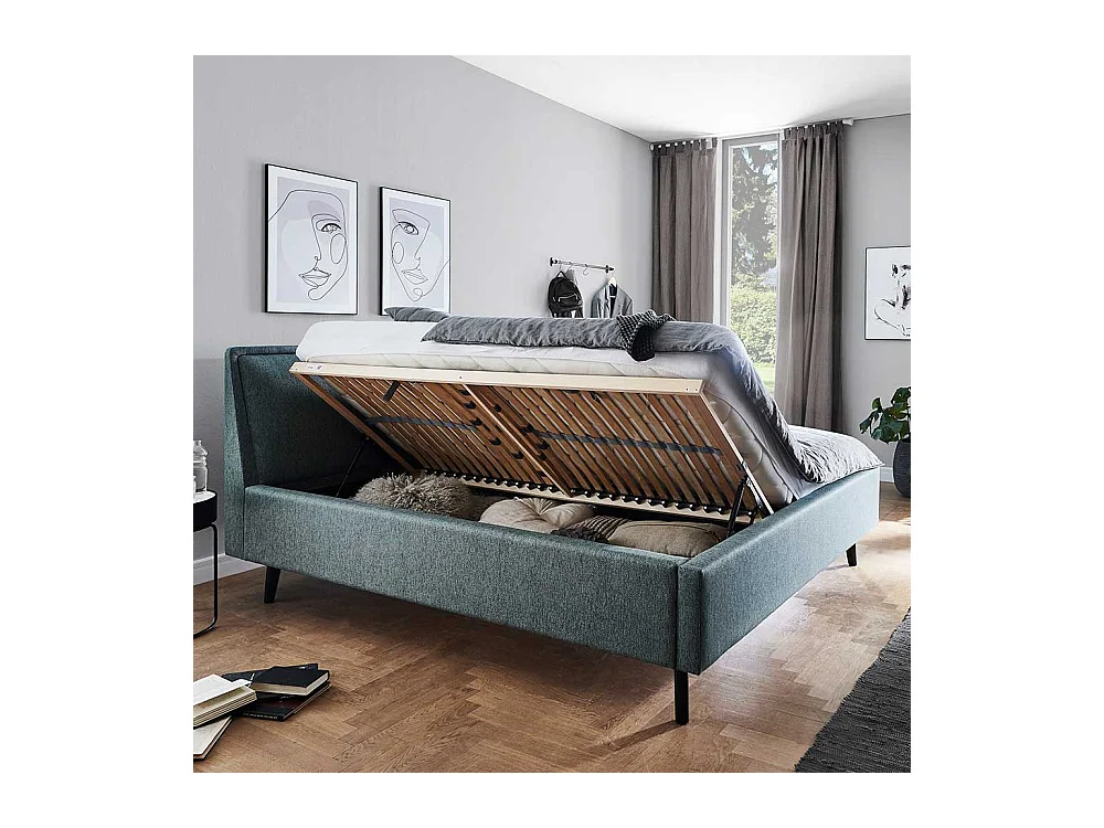 Polsterbettgestell in Blaugrau Vierfußgestell aus Holz