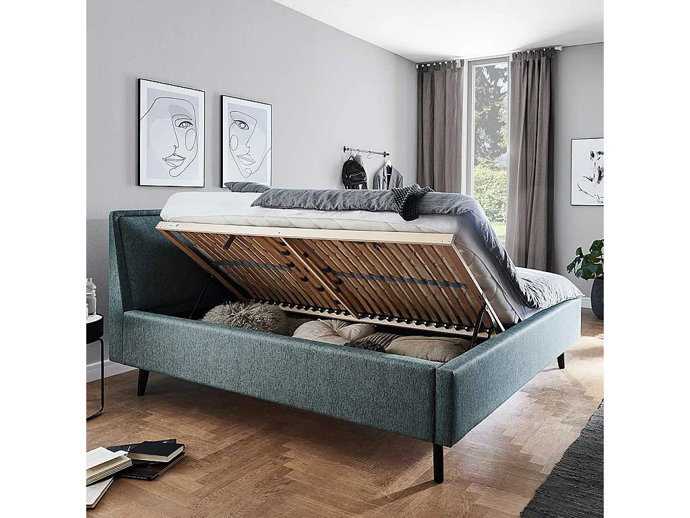 Polsterbettgestell in Blaugrau Vierfußgestell aus Holz