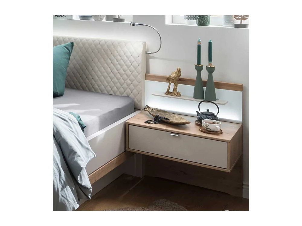 Doppelbett in Beige und Eiche Bianco LED Beleuchtung (dreiteilig)
