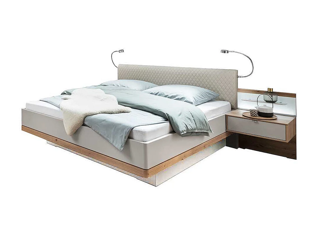 Doppelbett in Beige und Eiche Bianco LED Beleuchtung (dreiteilig)