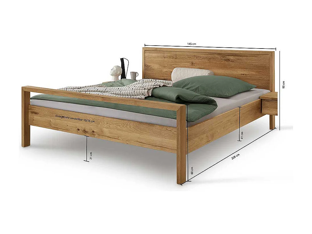 Massivholz 140 cm Bett in Wildeichefarben 41 cm Einstiegshöhe