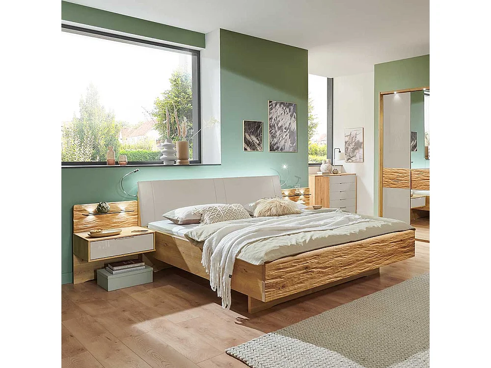 Bett mit Nachtkonsolen in Eiche Bianco Beige (dreiteilig)