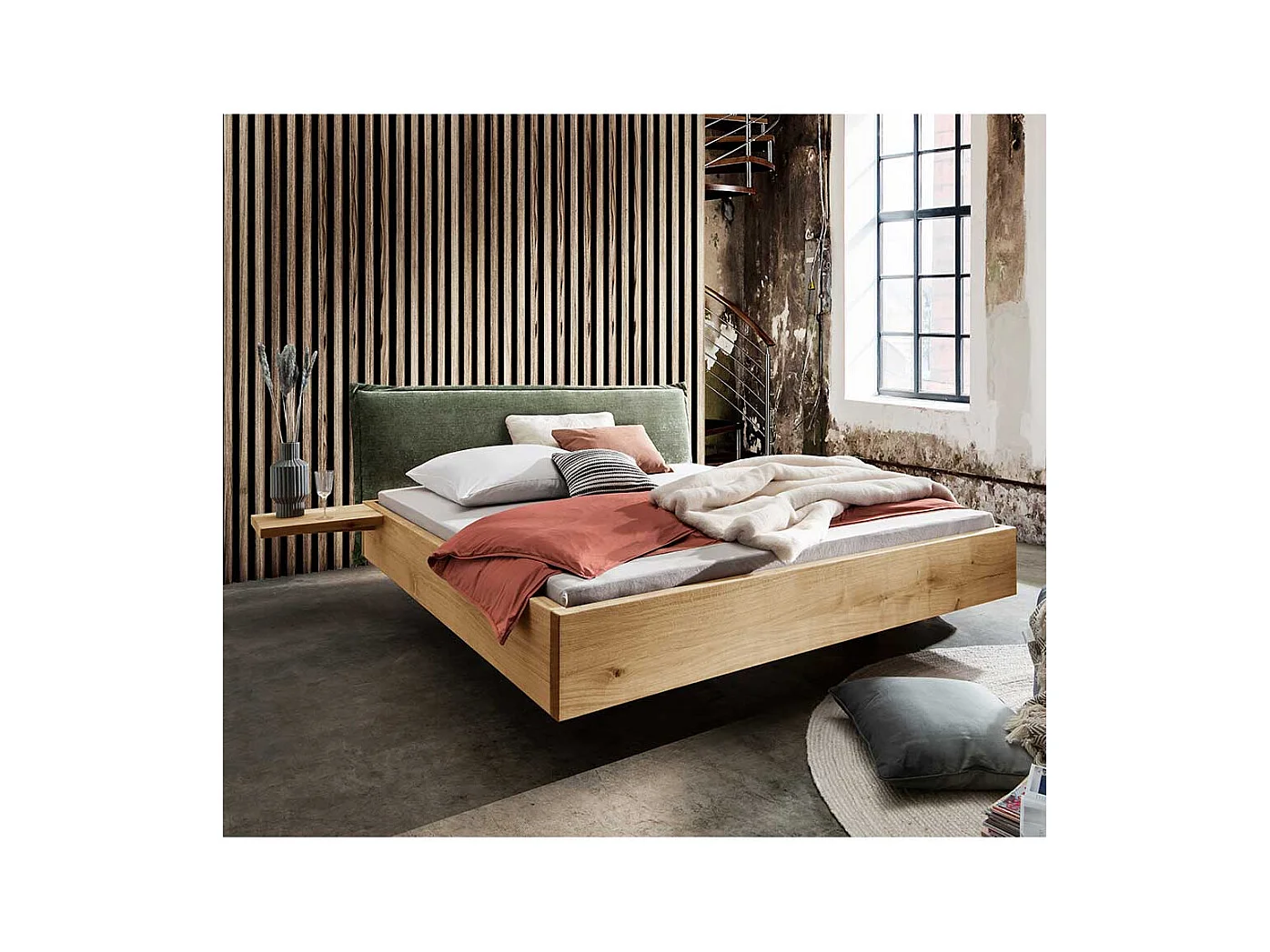 Doppel Bett mit Konsolen im Industry und Loft Stil Wildeichefarben (dreiteilig)