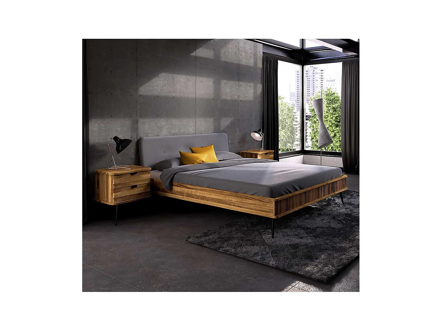Bett Wildeiche mit Polsterkopfteil in modernem Design 41 cm Einstiegshöhe