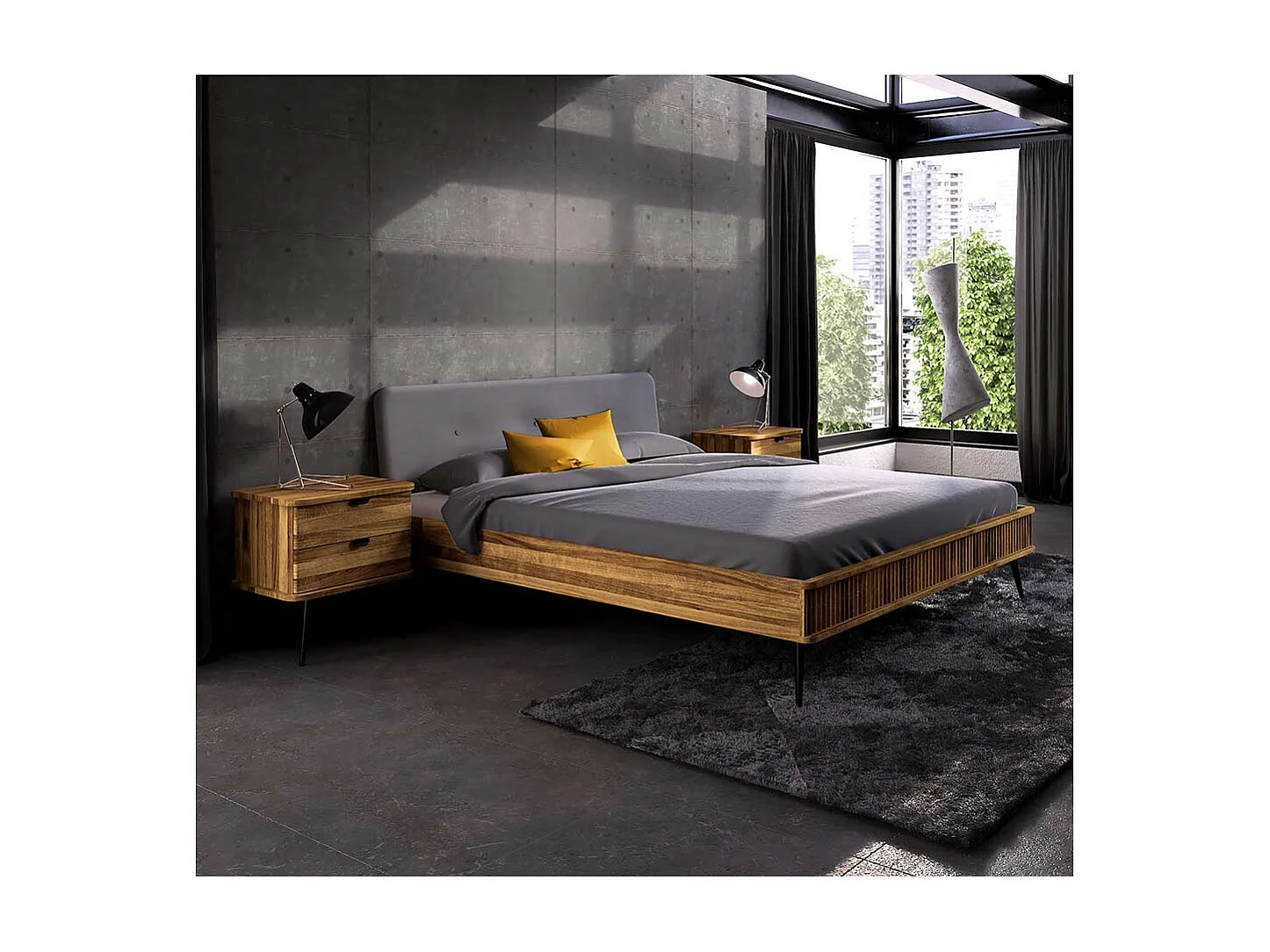 Bett Wildeiche mit Polsterkopfteil in modernem Design 41 cm Einstiegshöhe