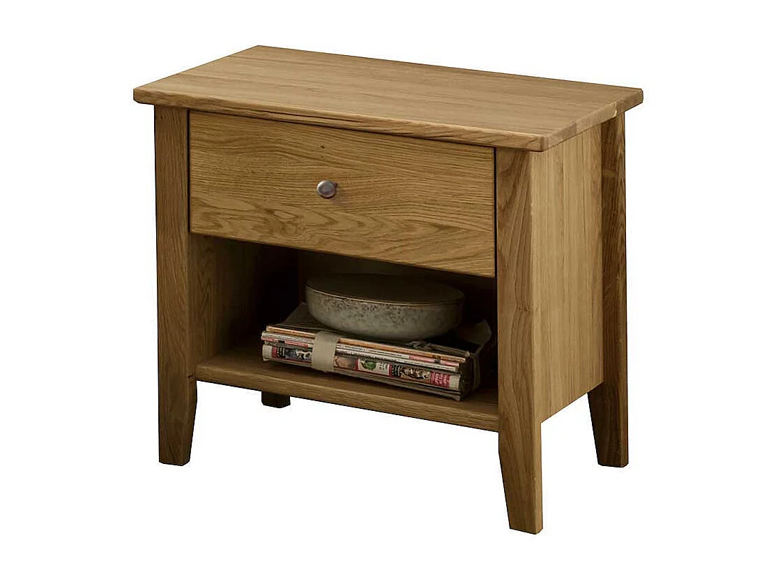 Wildeiche Doppelbett 47 cm Einstiegshöhe zwei Nachtkommoden (dreiteilig)