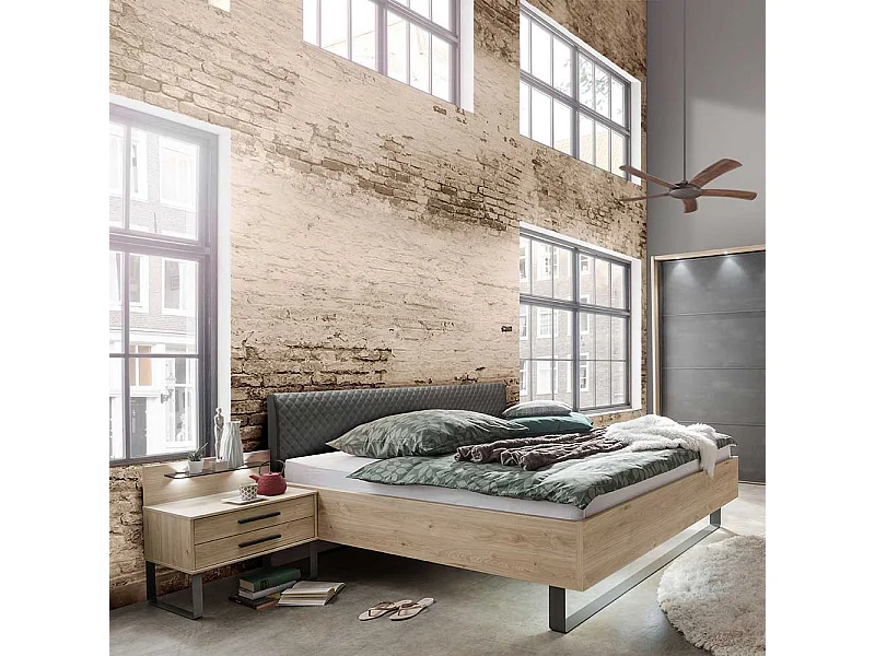 Großes Bett in Eichefarben und Dunkelgrau LED Beleuchtung (dreiteilig)