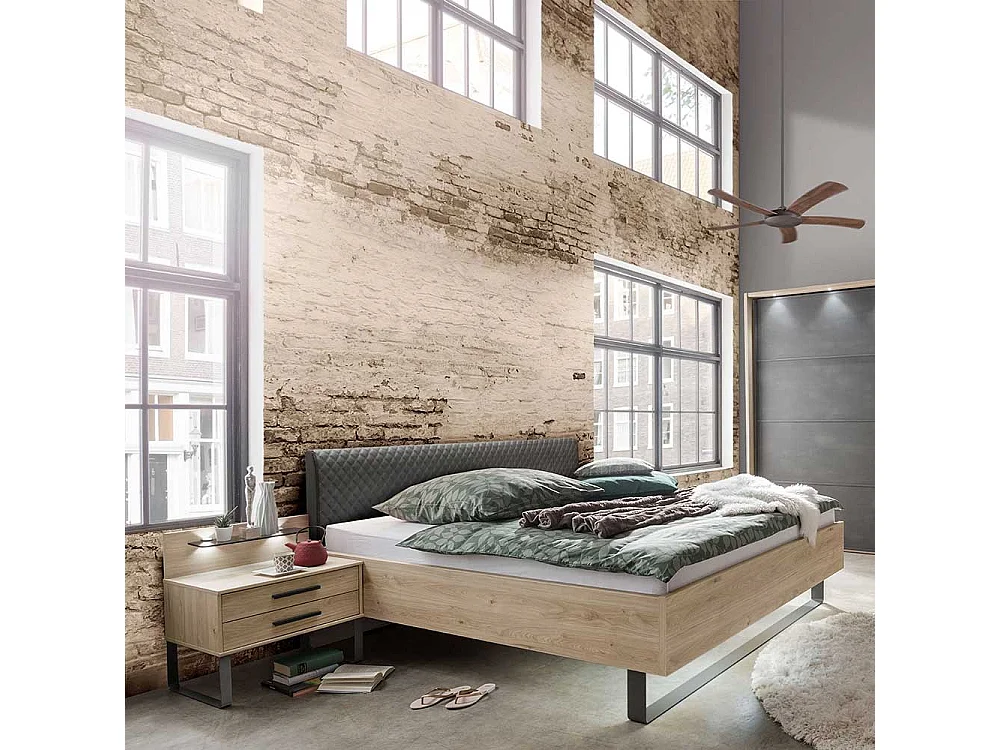 Großes Bett in Eichefarben und Dunkelgrau LED Beleuchtung (dreiteilig)