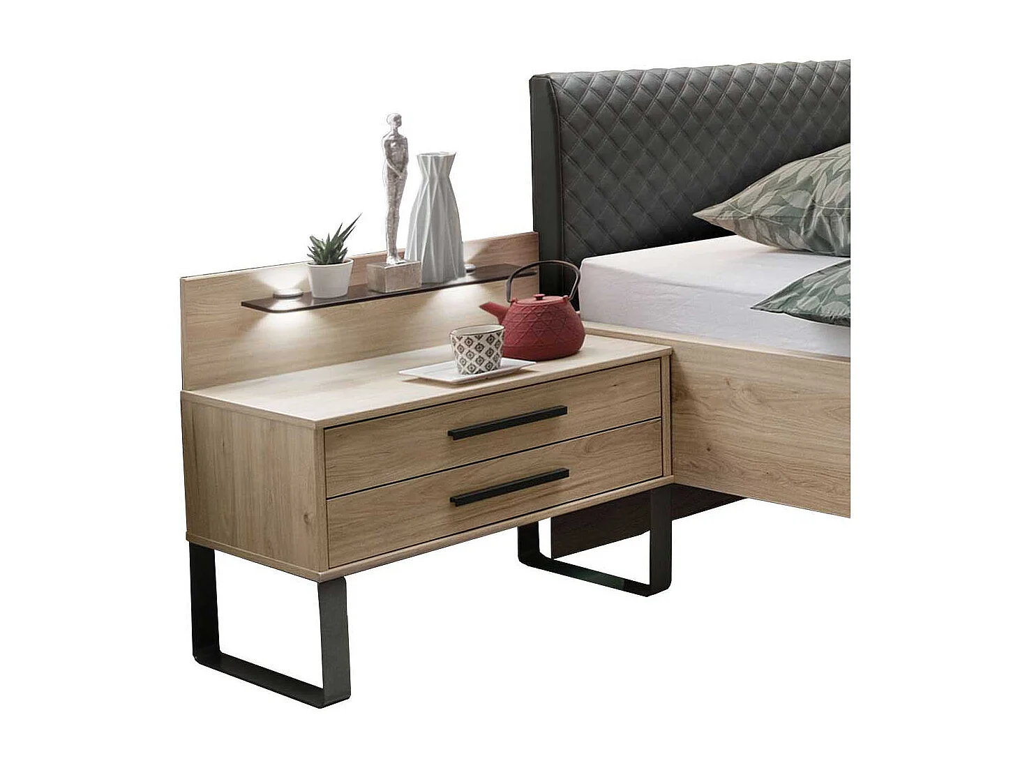 Großes Bett in Eichefarben und Dunkelgrau LED Beleuchtung (dreiteilig)