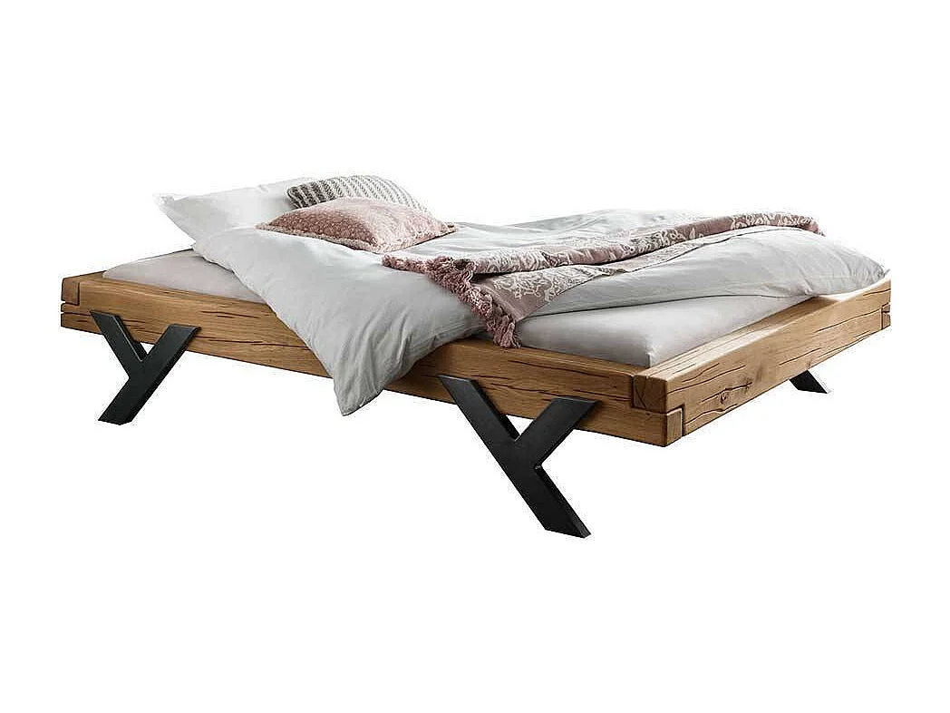 Naturholzbett massiv aus Wildeiche Y Gestell aus Metall