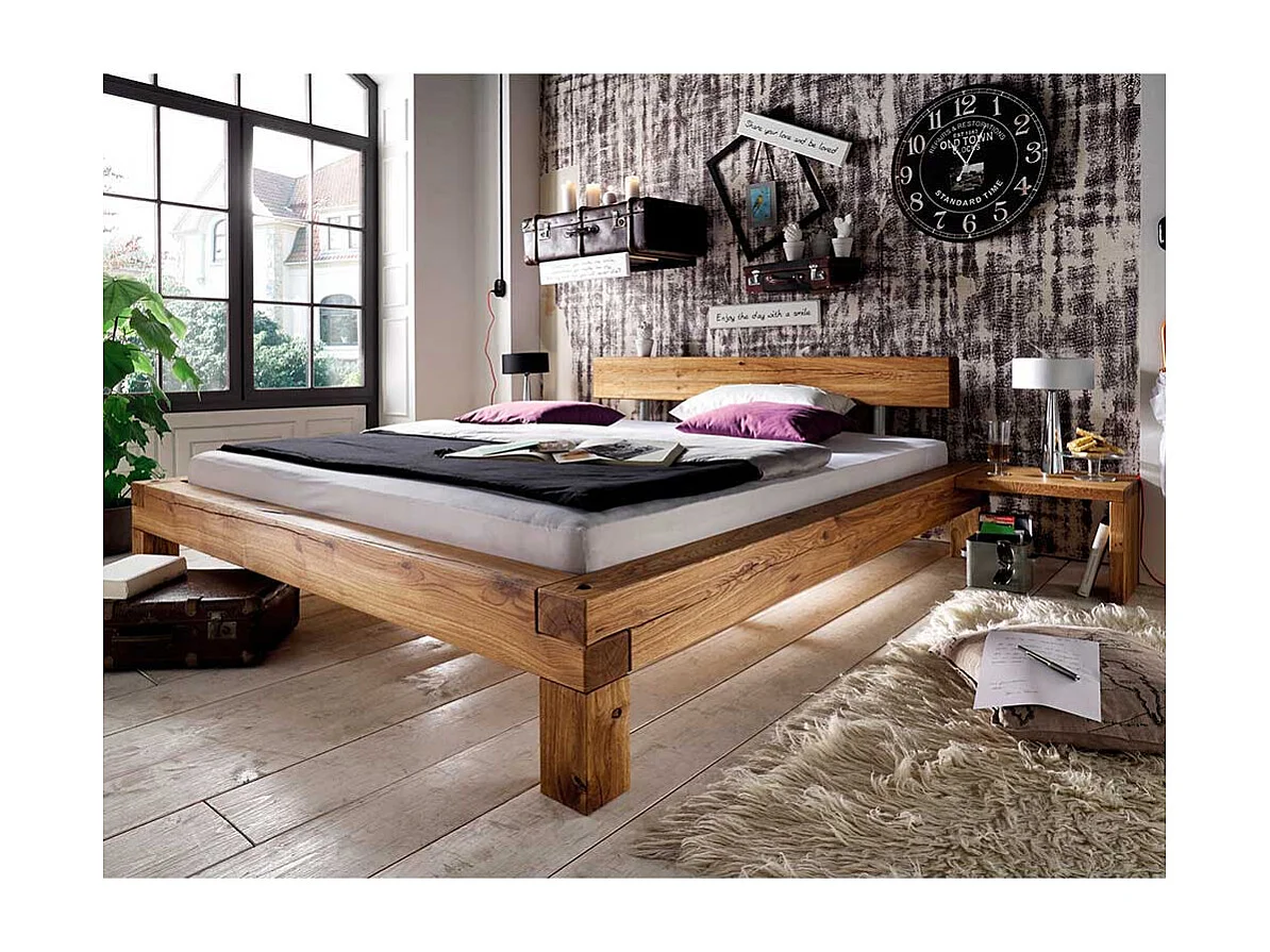 Balkenbett aus Wildeiche Massivholz Nachtkonsolen (dreiteilig)