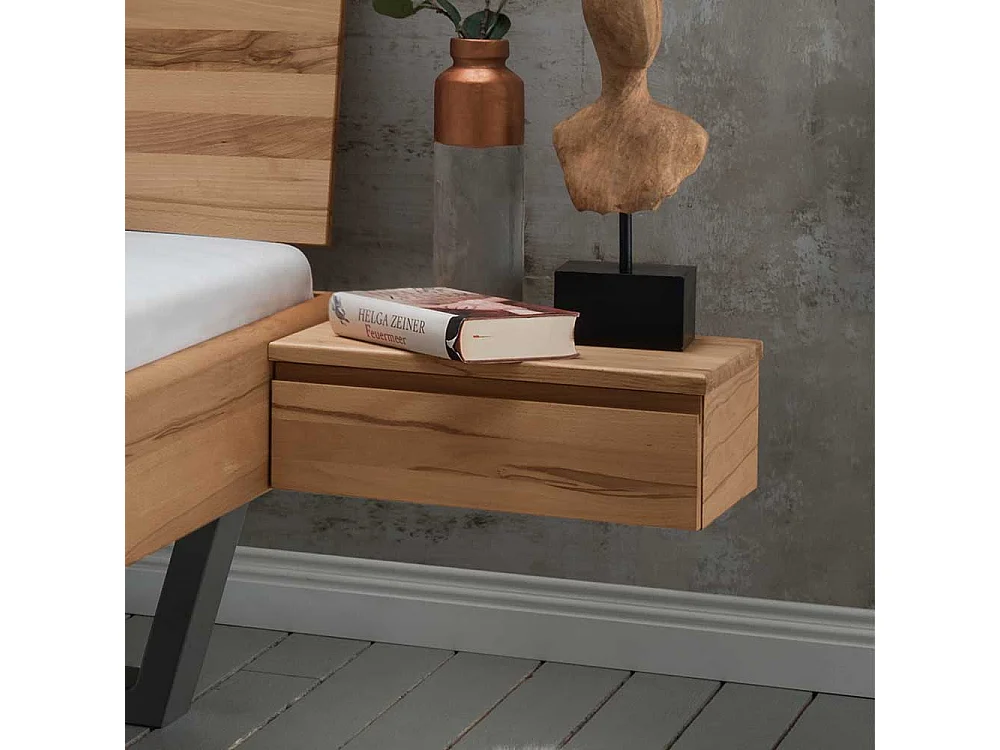 Metallkufenbett aus Kernbuche Massivholz zwei Nachtkommoden (dreiteilig)