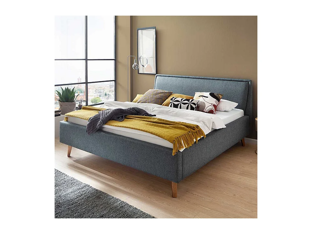 Skandi Polster Bett in Blaugrau Eichefarben