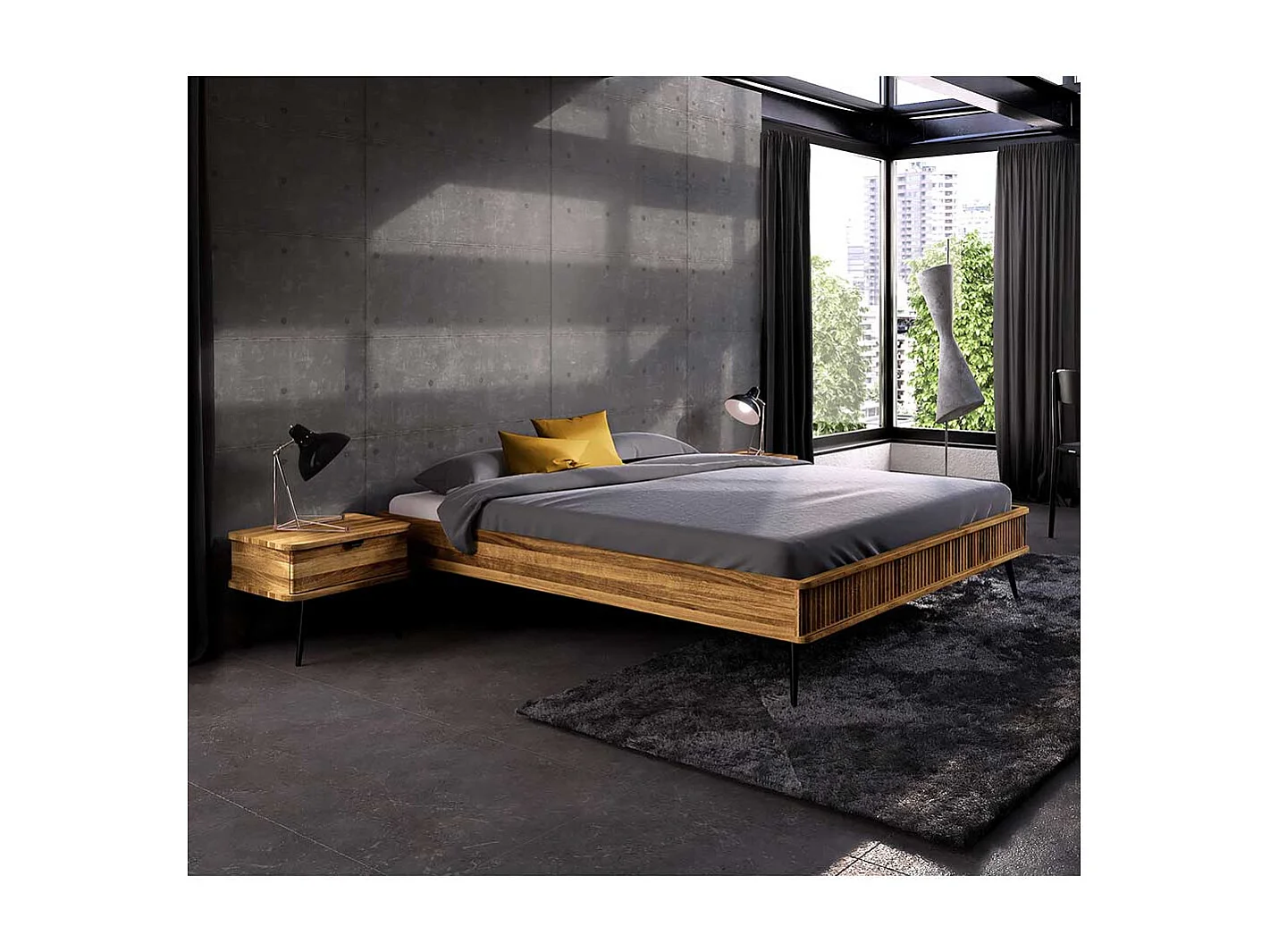 Wildeiche Bett geölt ohne Kopfteil Vierfußgestell aus Metall