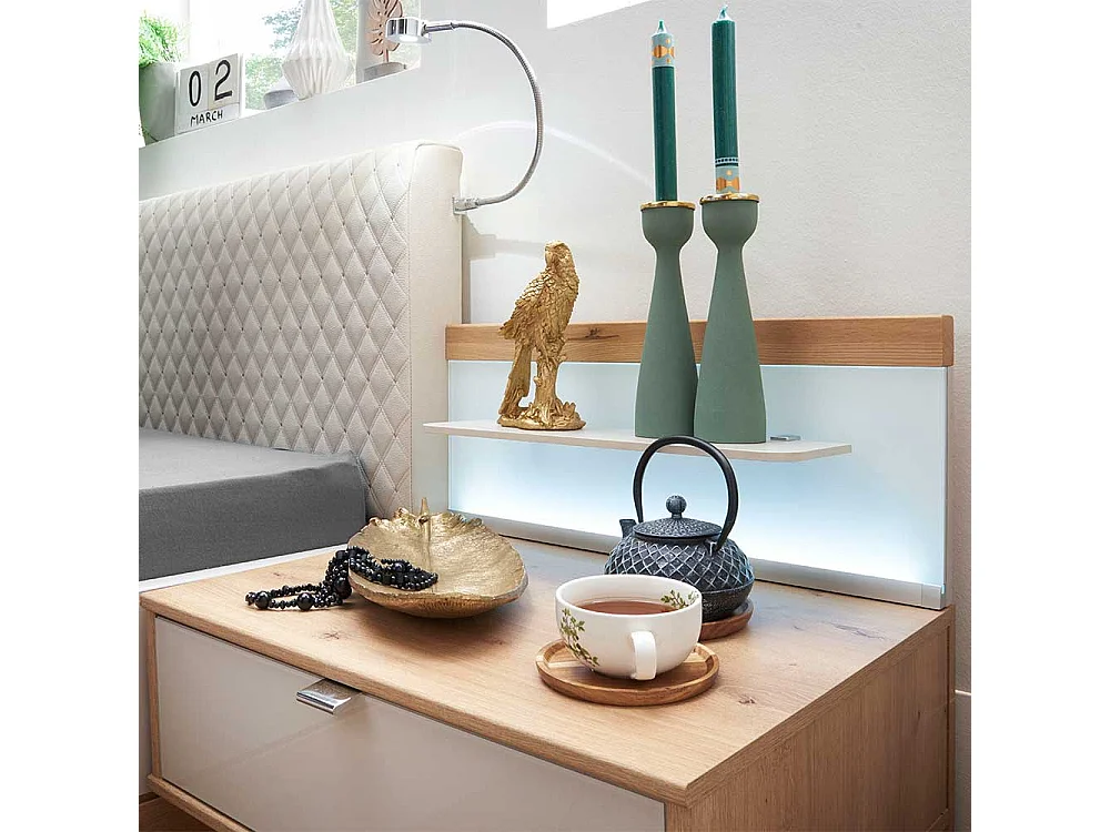 Doppelbett in Beige und Eiche Bianco LED Beleuchtung (dreiteilig)