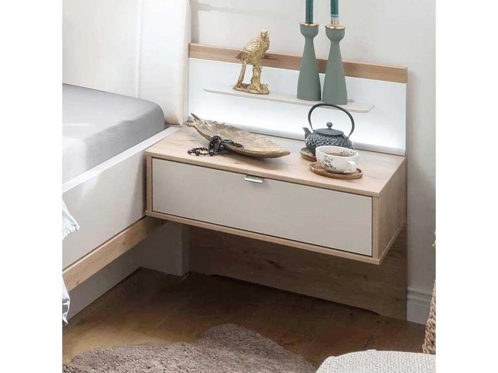 Doppelbett und Nachttische in Beige und Eiche Bianco LED Beleuchtung (dreiteilig)