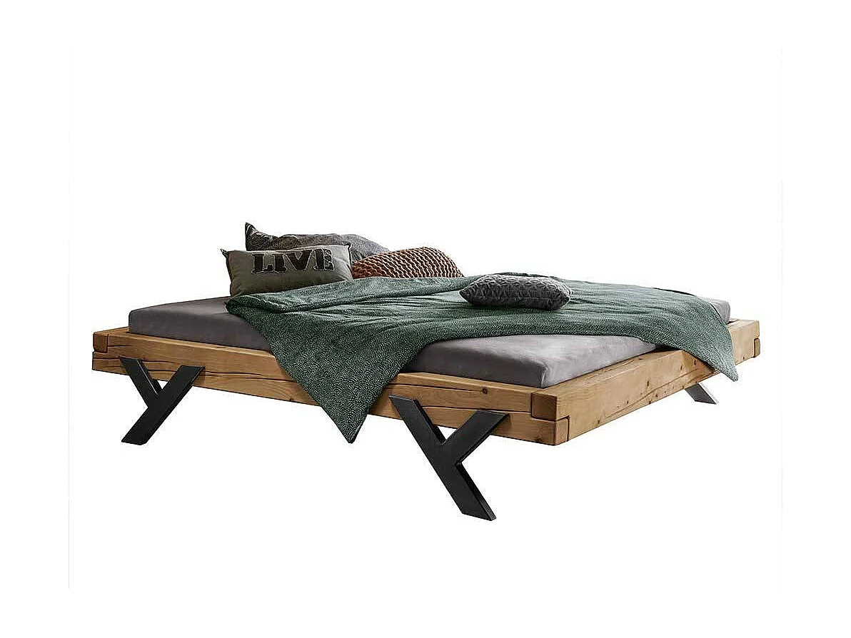 Balkenbett Fichte im rustikalen Stil Y Gestell aus Metall