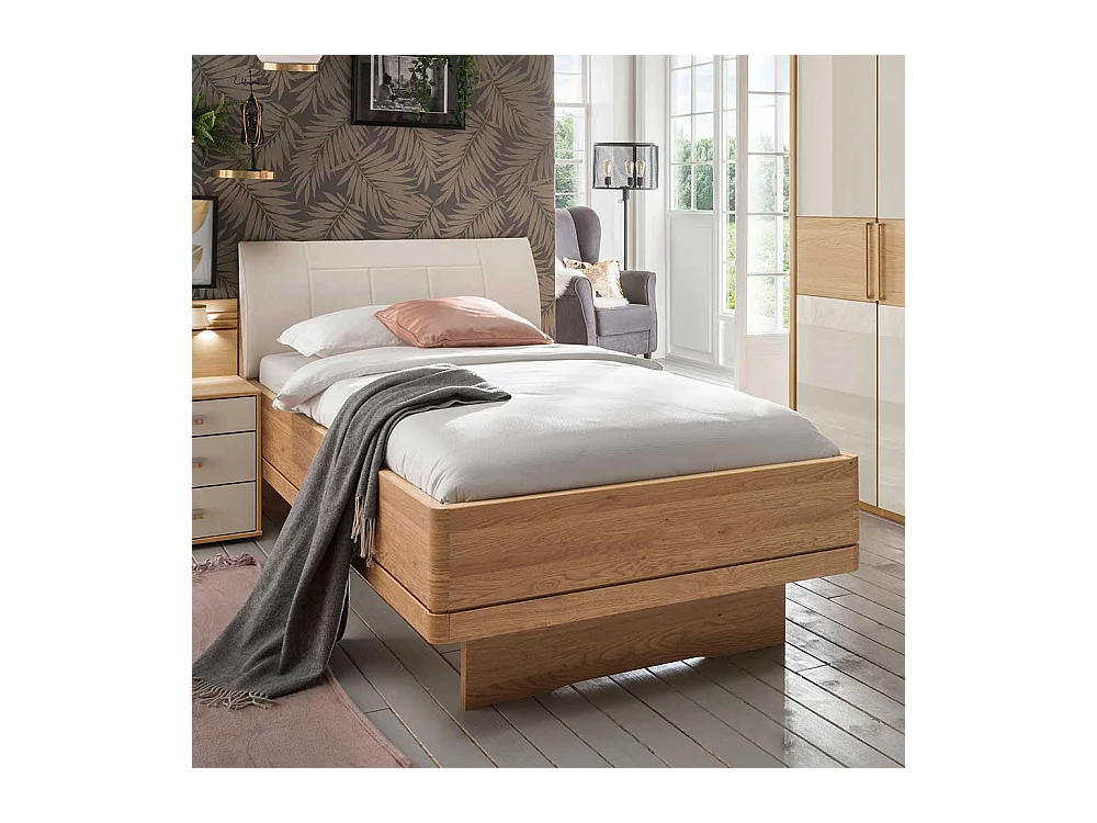 Komfortbett in Beige und Eiche teilmassiv Made in Germany