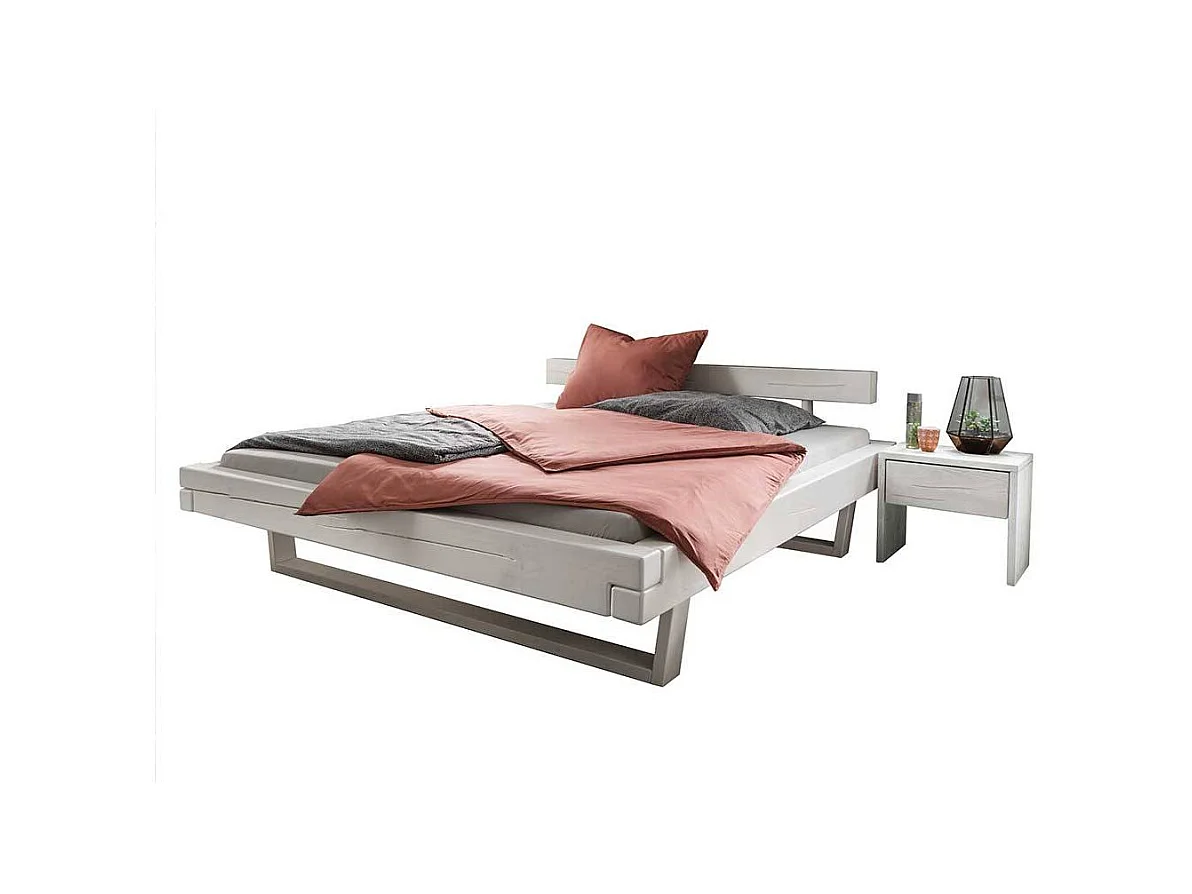 Weißes Balkenbett aus Kiefer Massivholz optionale Nachtkommoden