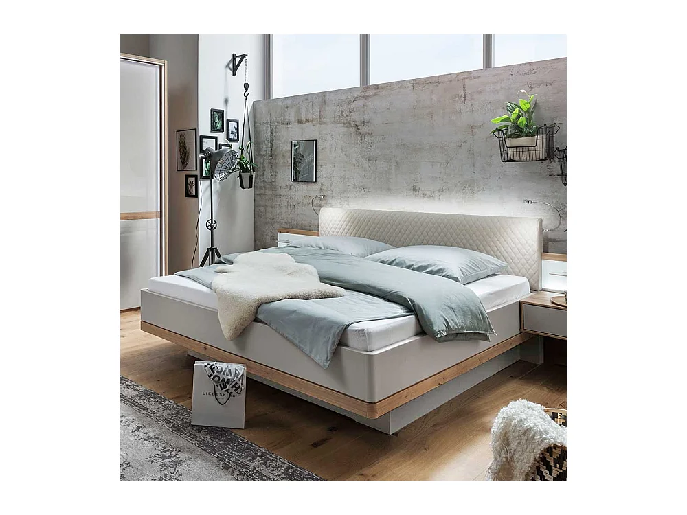 Ehebett in Beige und Eiche Bianco LED Beleuchtung