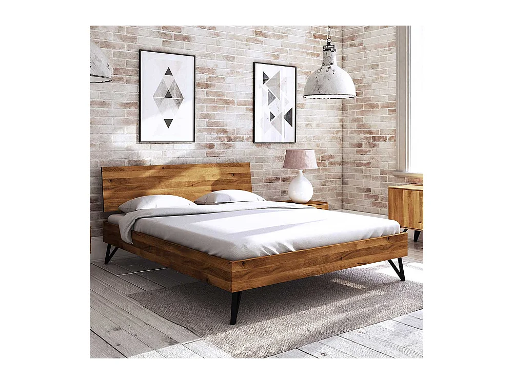 Futonbett aus Wildeiche Massivholz und Stahl Industriedesign