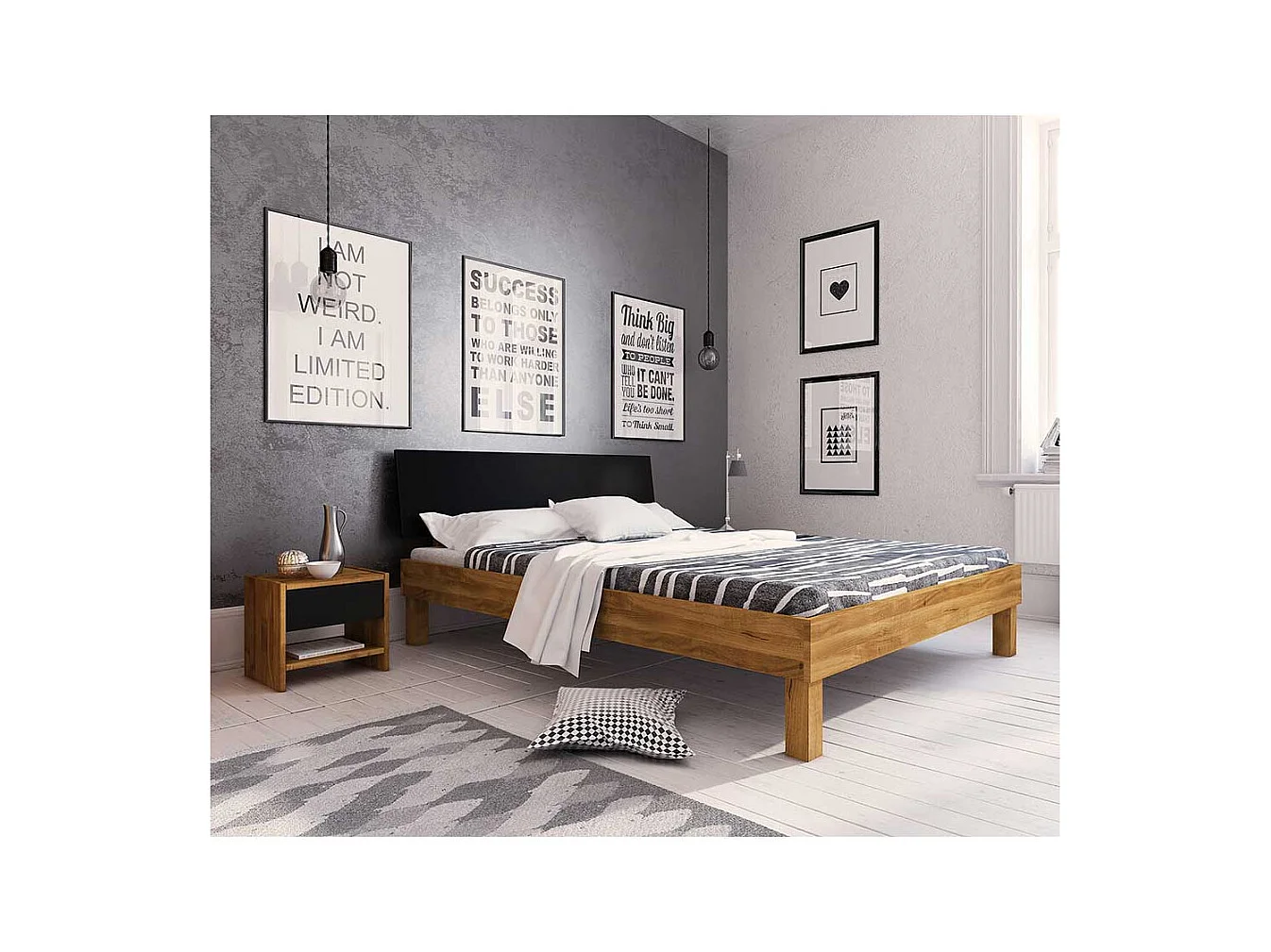 Doppelbett aus Wildeiche teilmassiv zwei Nachtkommoden (dreiteilig)