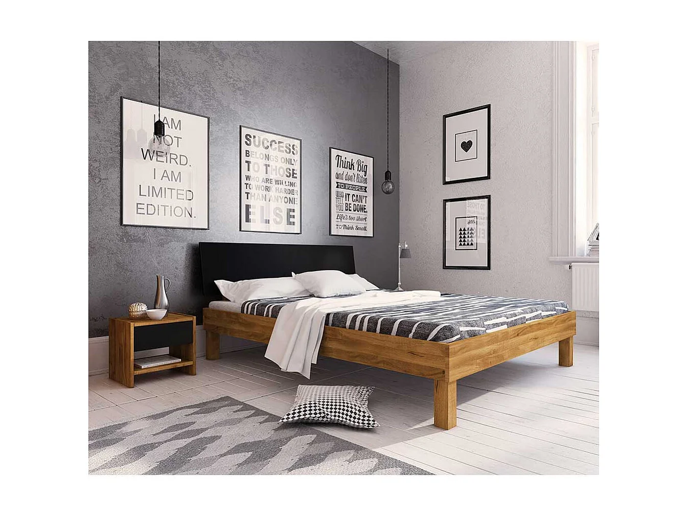 Doppelbett aus Wildeiche teilmassiv zwei Nachtkommoden (dreiteilig)