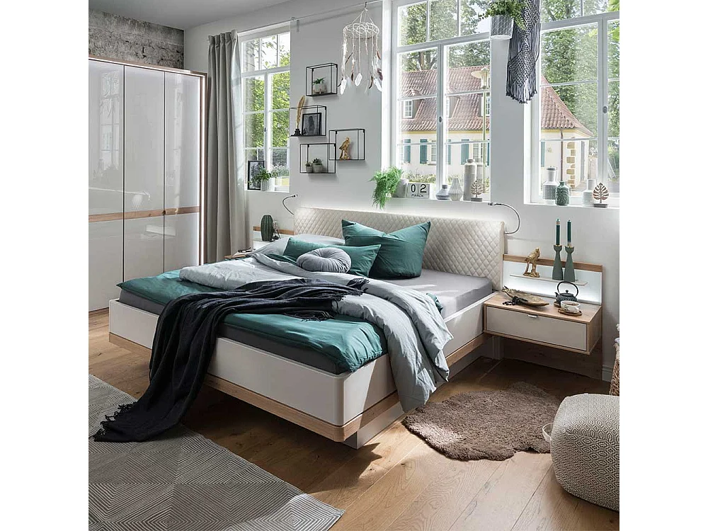 Doppelbett in Beige und Eiche Bianco LED Beleuchtung (dreiteilig)