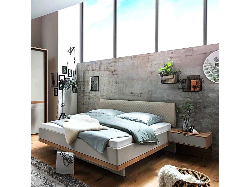Modernes Komfortbett in Beige und Eiche Bianco Nachtkonsolen (dreiteilig)