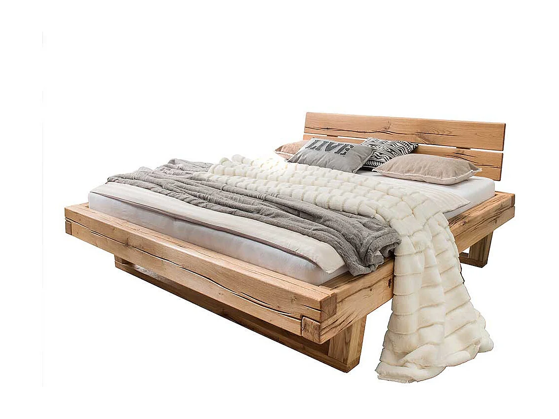 Balkenbett mit Kopfteil aus Wildeiche Massivholz geölt