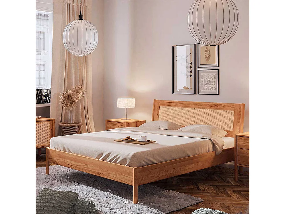 Bett Wildeiche und Rattan 38 cm Einstiegshöhe auch mit Kommoden