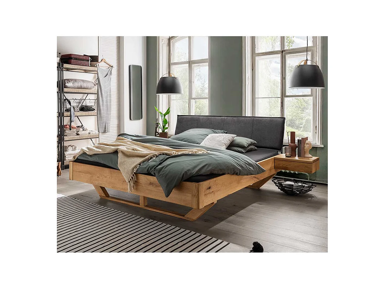 Wildeiche Bett mit Polsterkopfteil in Anthrazit 43 cm Einstiegshöhe