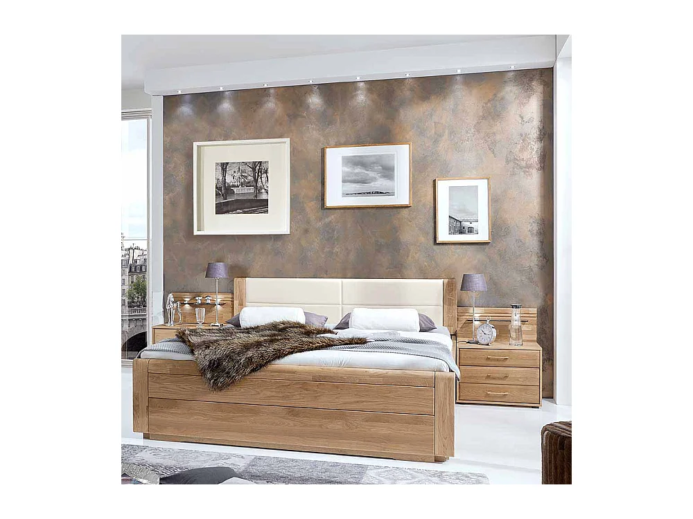 Komfortbett aus Eiche Polsterkopfteil in Creme Weiß (dreiteilig)