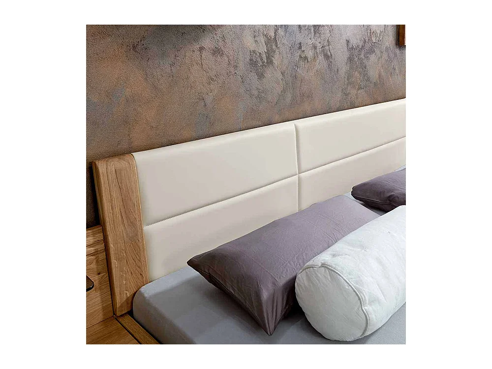 Komfortbett aus Eiche Polsterkopfteil in Creme Weiß (dreiteilig)