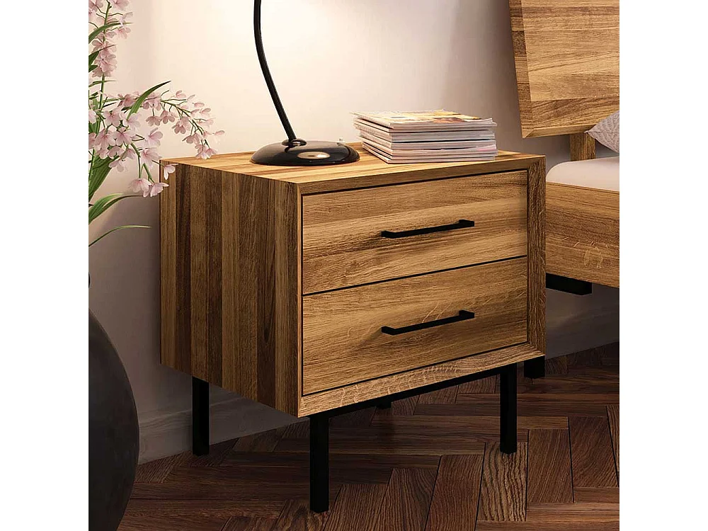 Hochwertiges Holzbett aus Wildeiche Massivholz Vierfußgestell aus Metall