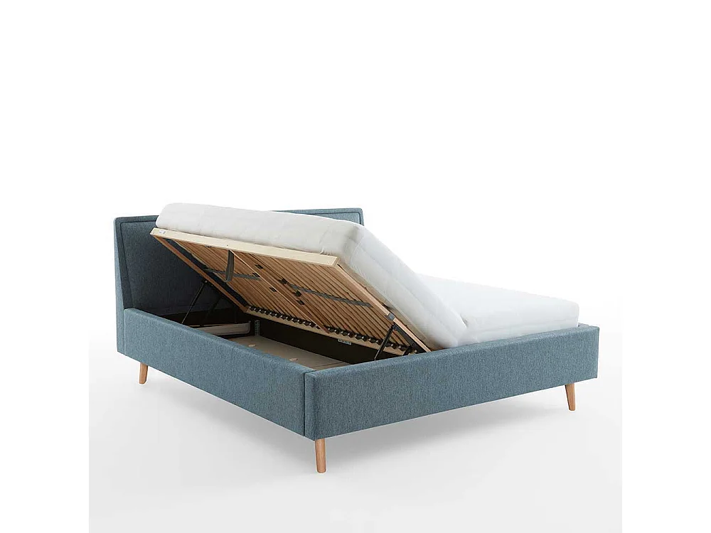 Skandi Polster Bett in Blaugrau Eichefarben