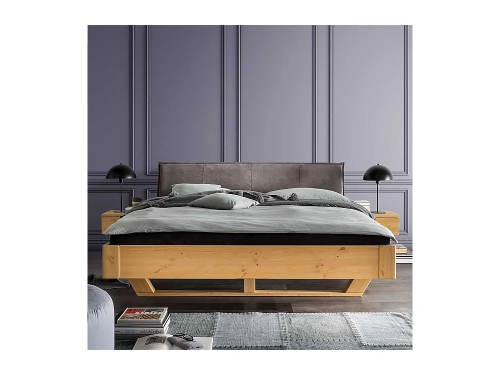 Holzbett Bett mit Polsterkopfteil in Kiefer Laugenfarben und Anthrazit